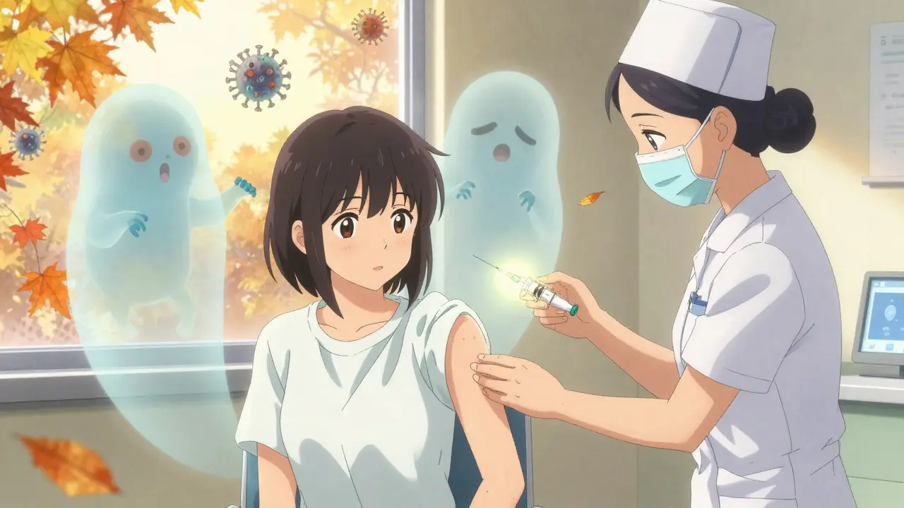 A girl receives a shingles vaccine as ghostly viruses recoil, autumn leaves falling outside the clinic window.