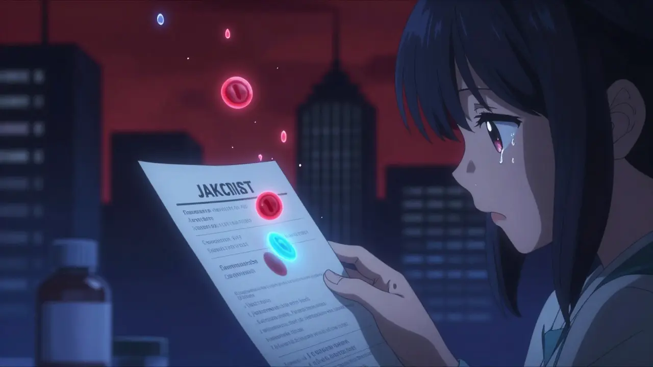 A girl stares at a blood test report as her white blood cells fade like dying fireflies, shadowy drug bottles looming behind her.