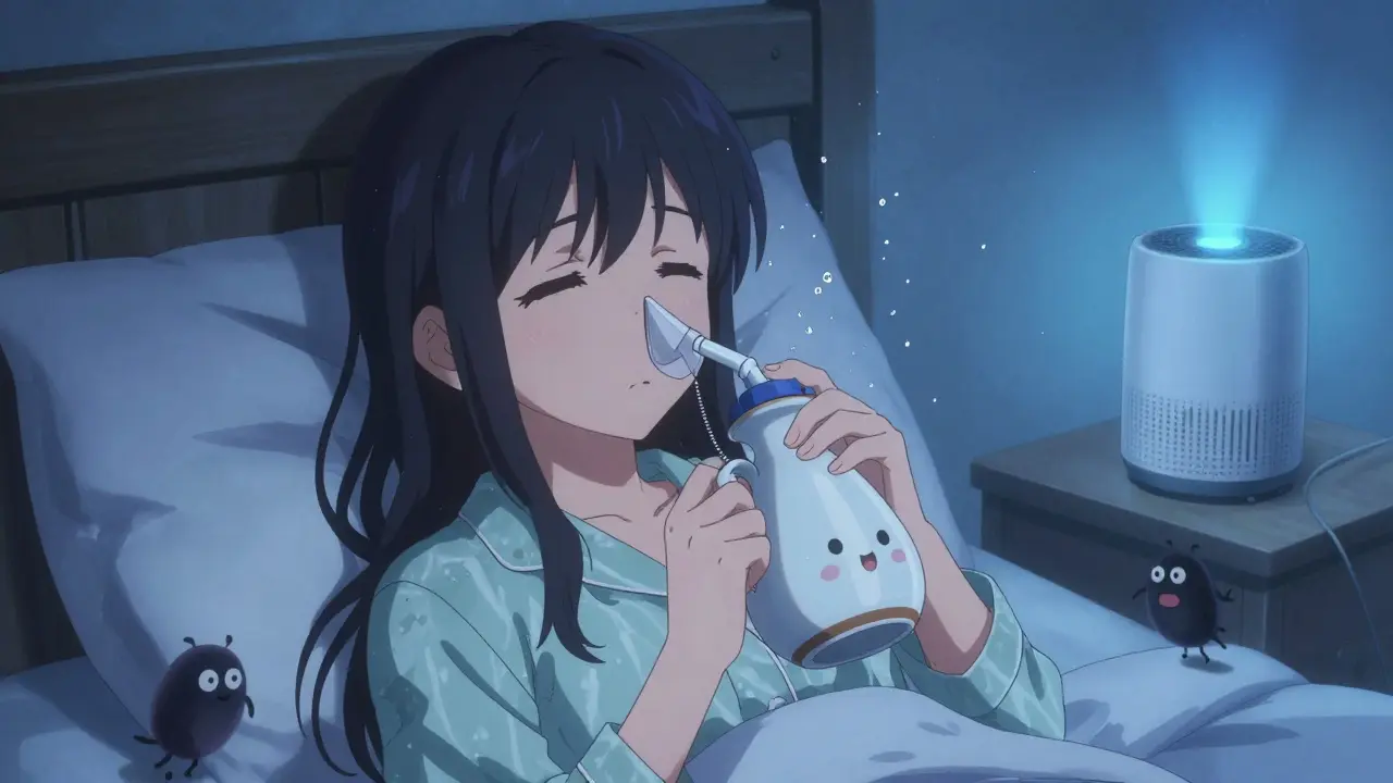 A girl using a neti pot at night with clean bedding and dust mites fleeing in anime style.