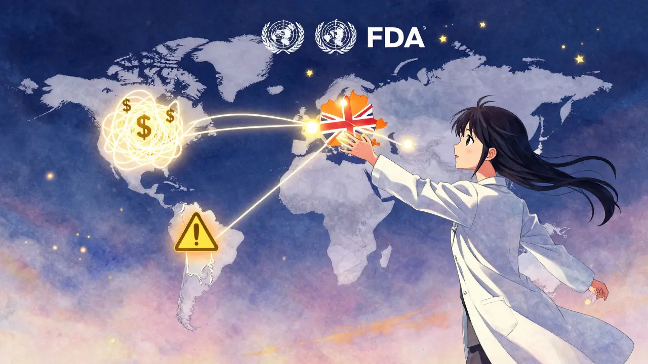 A global map with glowing threads connecting countries by drug pricing and quality, a girl reaching to unify them under WHO and FDA symbols.