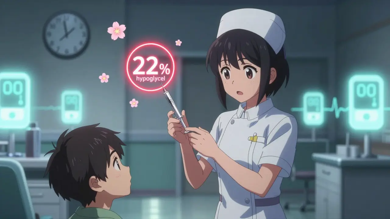 A nurse administers insulin just before schedule, with a warning halo and floating health data in a hospital room.