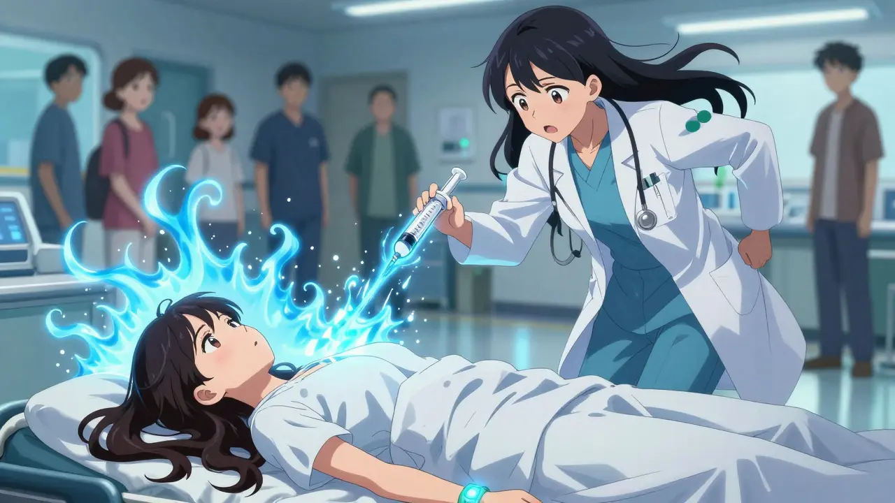 A patient collapsing in an ER as a doctor administers an emergency hydrocortisone injection with a glowing medical alert bracelet.