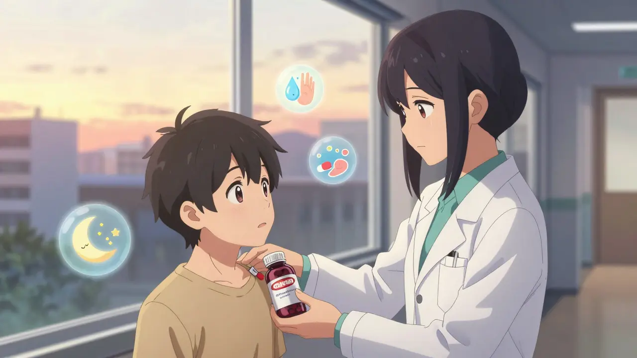 A pharmacist and patient beside a window, elderberry bottle marked danger, safe alternatives glowing softly nearby.