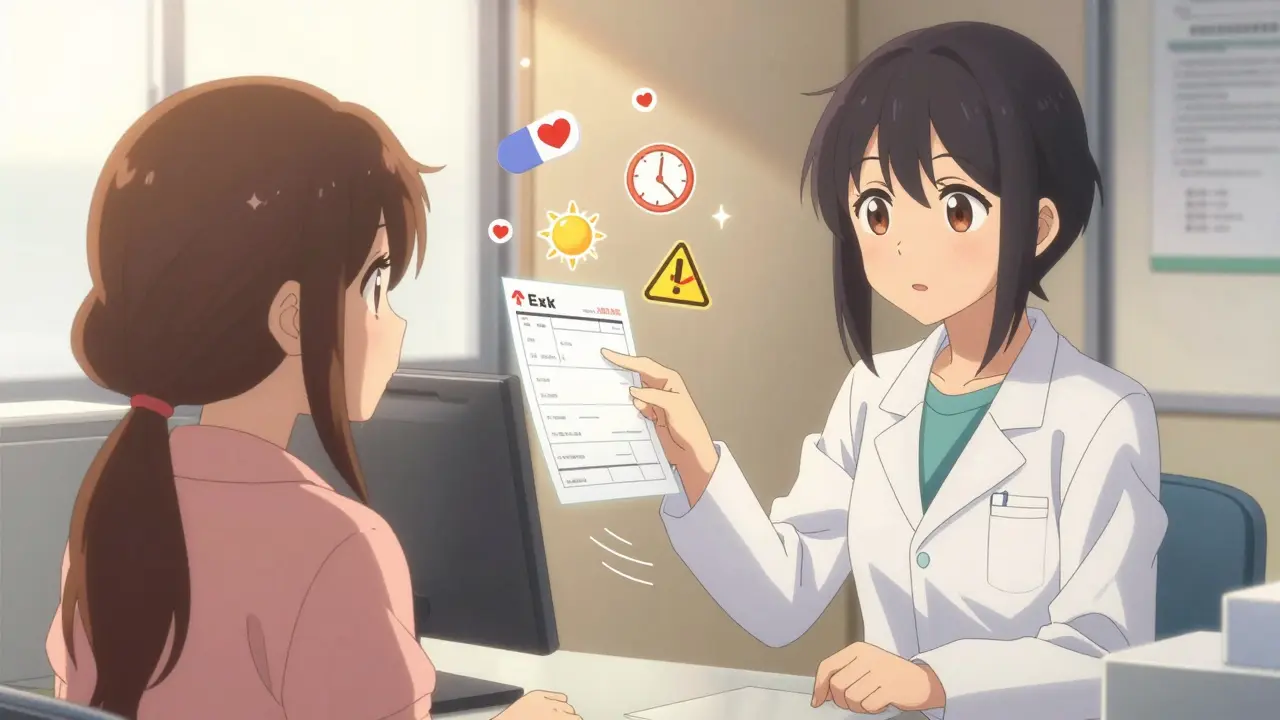A pharmacist and patient study a prescription label together with animated icons explaining how and when to take the medicine.