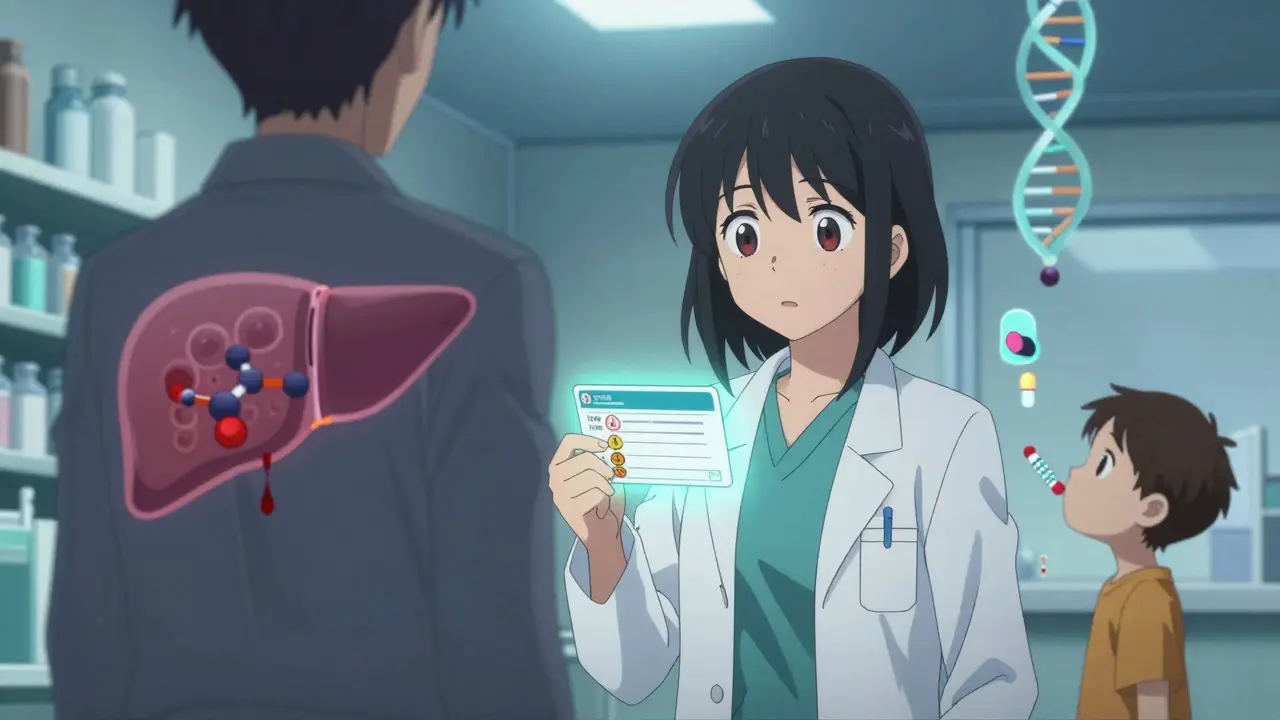 A pharmacist faces a patient whose shadow shows gene edits disrupting a blood thinner, with a child inhaling a viral vector.