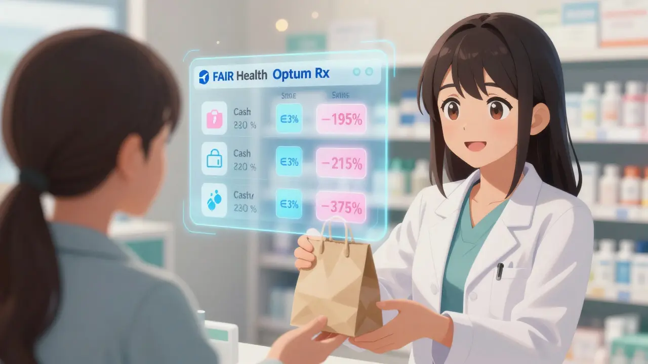 A pharmacist gives medication to a customer while a transparent digital price comparison floats in the air behind them.