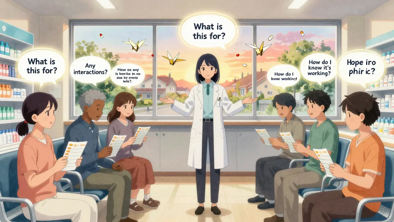 A pharmacist guides several patients in a pharmacy, with glowing question bubbles above their heads.