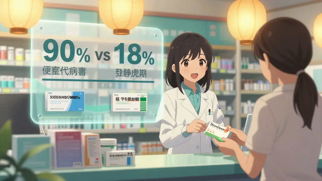 A pharmacist hands a generic prescription to a teen, with floating data lanterns showing high generic use and low cost.