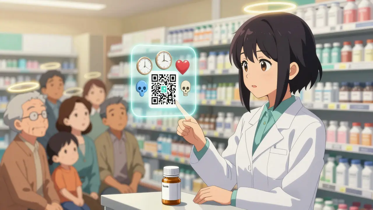 A pharmacist shows a QR code that projects a 3D dosing guide with universal icons for safety and timing.