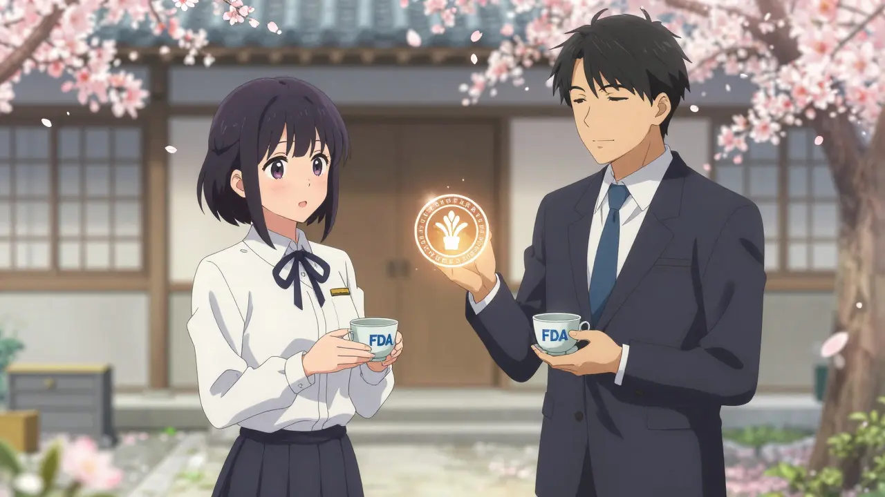 A supervisor and FDA inspector sharing tea as a glowing approval stamp hovers between them.