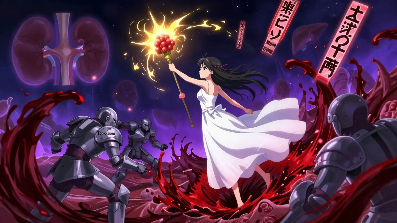 A surreal anime battle inside the body: elderberry energy vs. immunosuppressant armor, cytokine waves exploding.