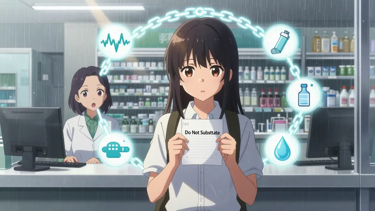 A teenage girl stands firm at a pharmacy counter, holding a prescription that says 'Do Not Substitute.'