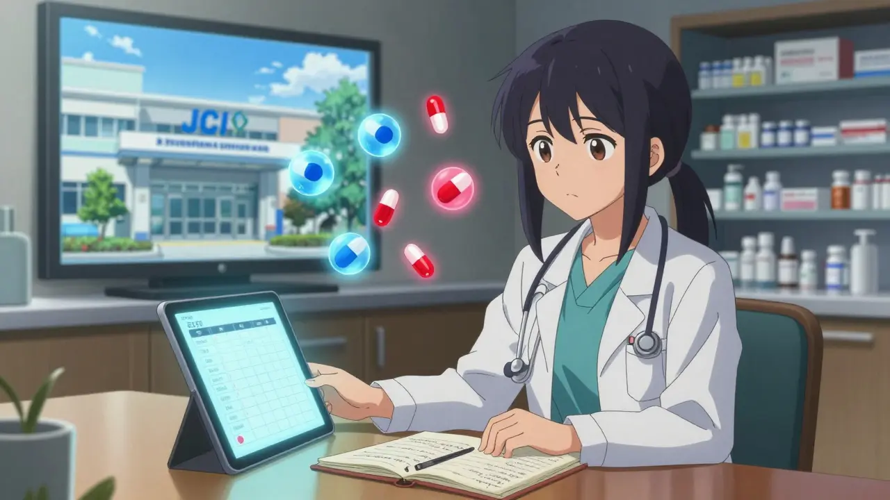 A woman and her doctor review a digital medication chart, with safe and dangerous drug molecules floating between them.