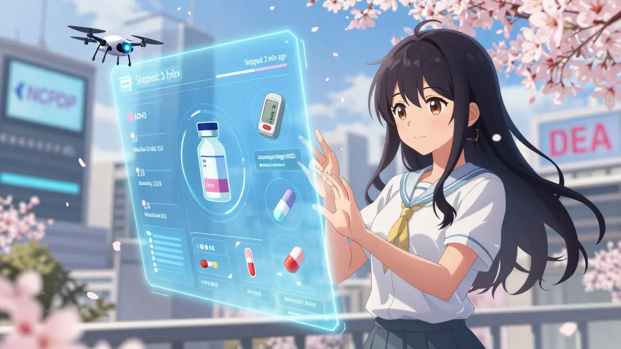 A woman interacting with a holographic pharmacy dashboard showing medication transfers and a delivery drone in flight.