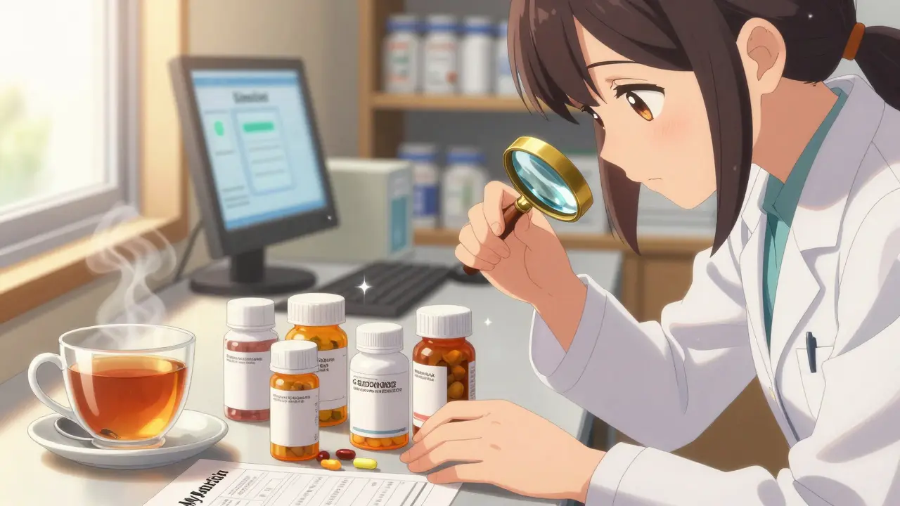 A woman places her medications on a counter while a pharmacist examines them with a magnifying glass.