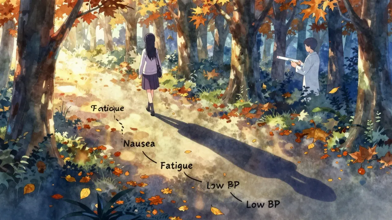 A woman walking through an autumn forest, each fallen leaf representing a symptom of adrenal insufficiency.