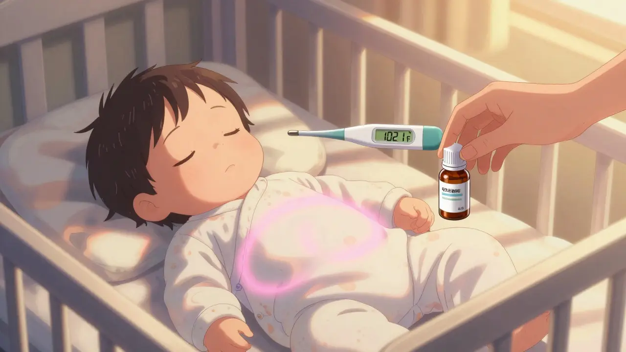 Baby sleeps peacefully with a rising fever, mother hesitates before giving medicine at the 4-hour mark.