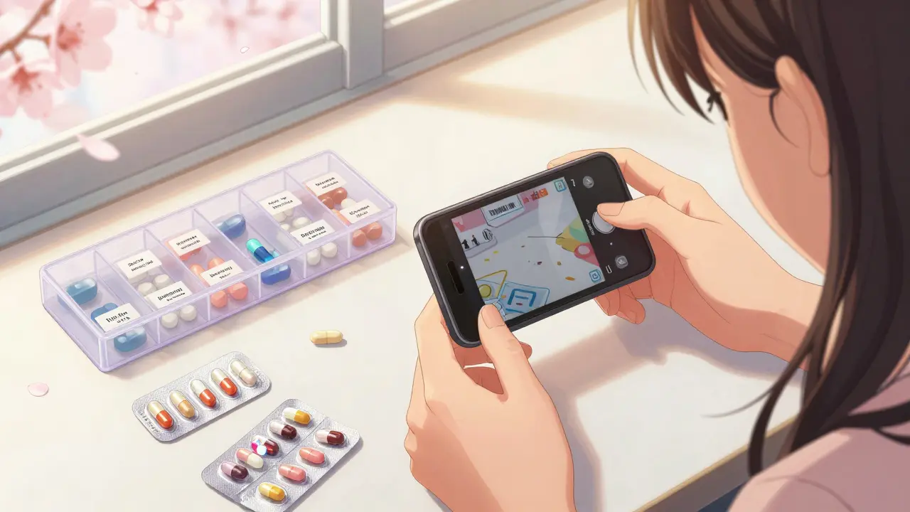 Close-up of hands photographing pills with foreign labels beside a labeled pill organizer and English prescriptions.