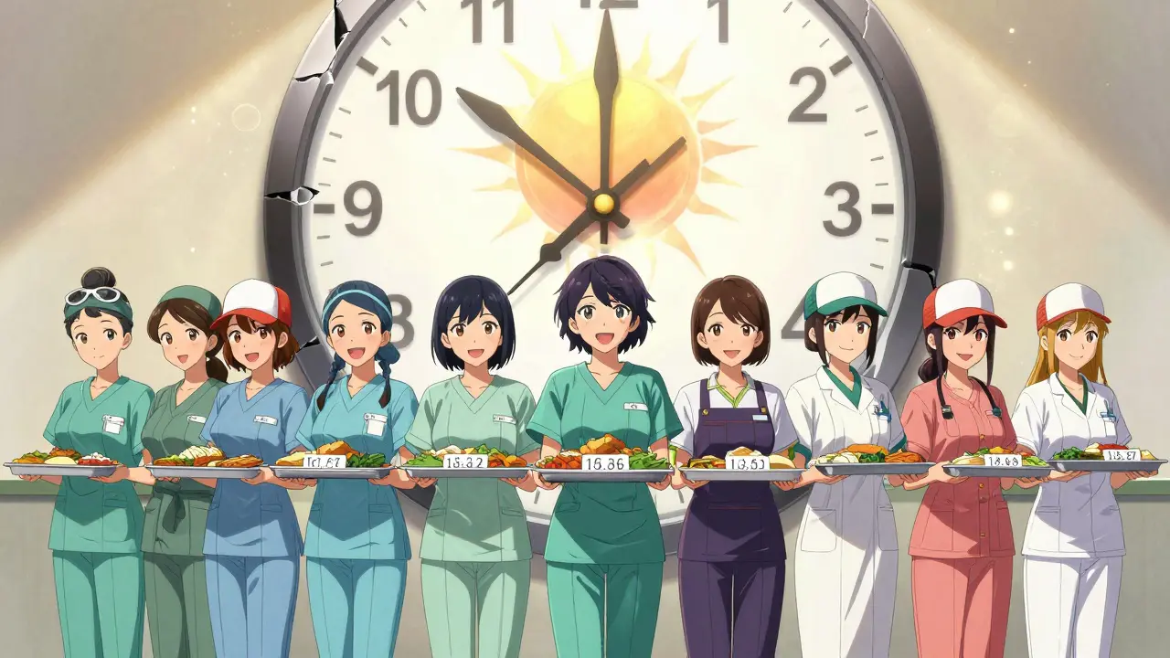 Diverse shift workers standing under a broken clock, their shadows forming a path to the rising sun.