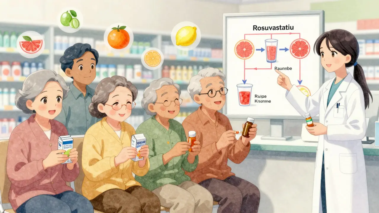 Elderly patients in a pharmacy learning which fruits are safe with their medications from a pharmacist.