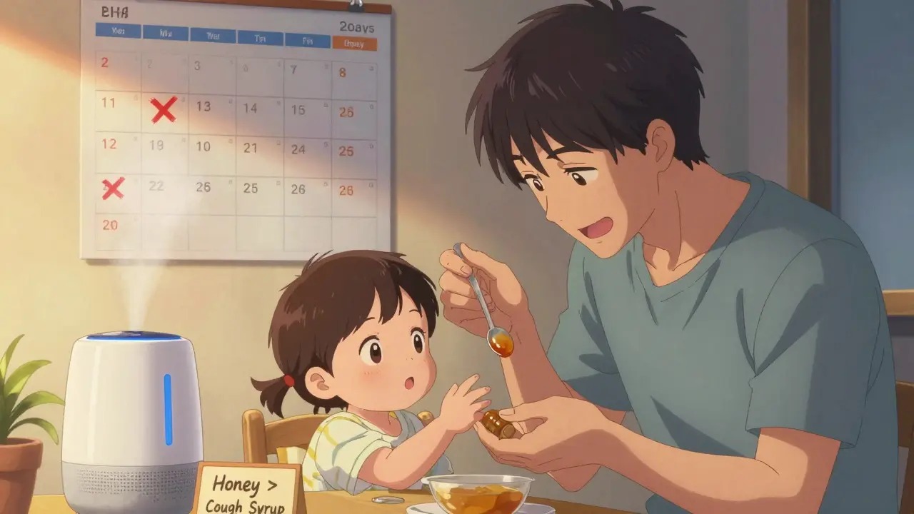 Father giving honey to a curious toddler, with humidifier and calendar showing improved nights in background.