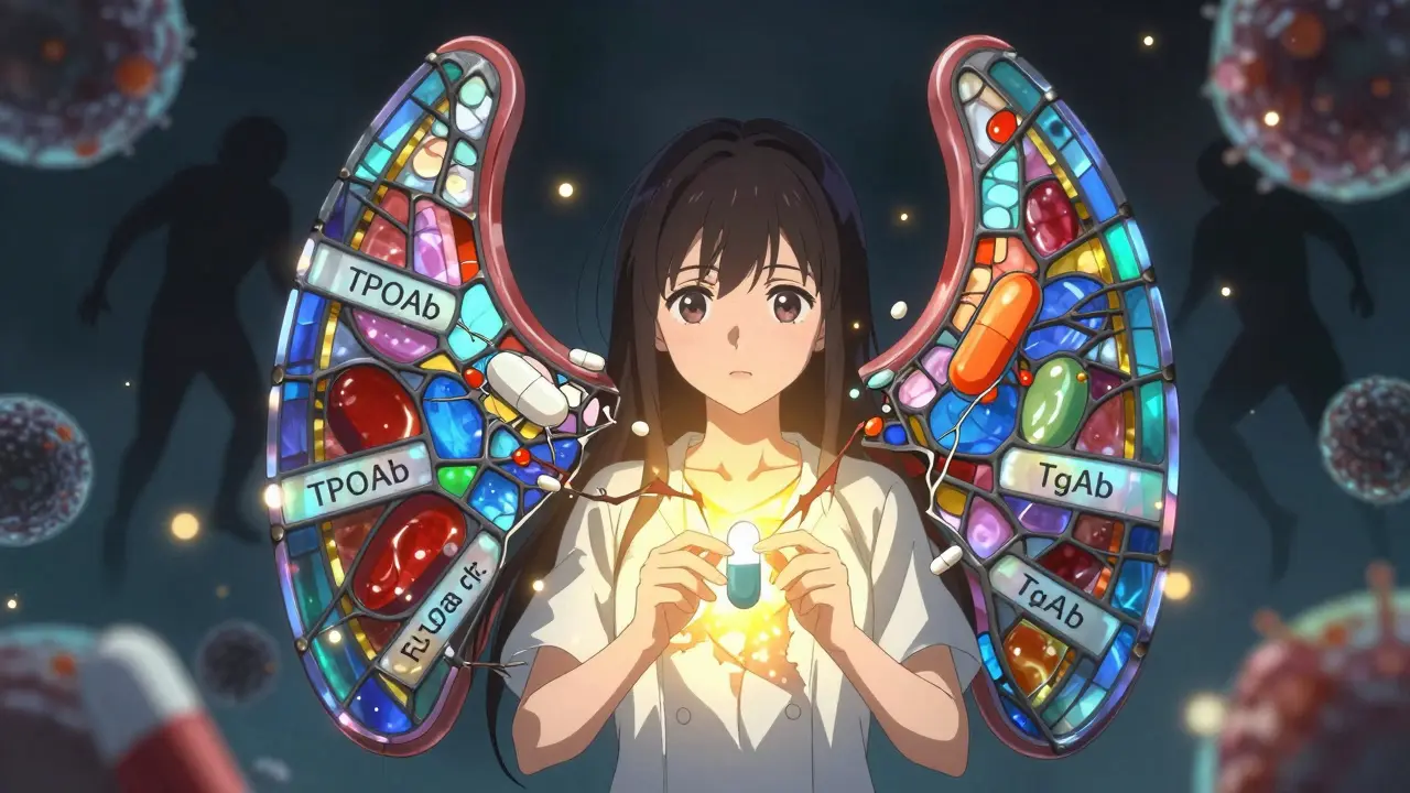 Girl repairing a fractured thyroid with levothyroxine pills as immune cells retreat in dreamlike anime scene.
