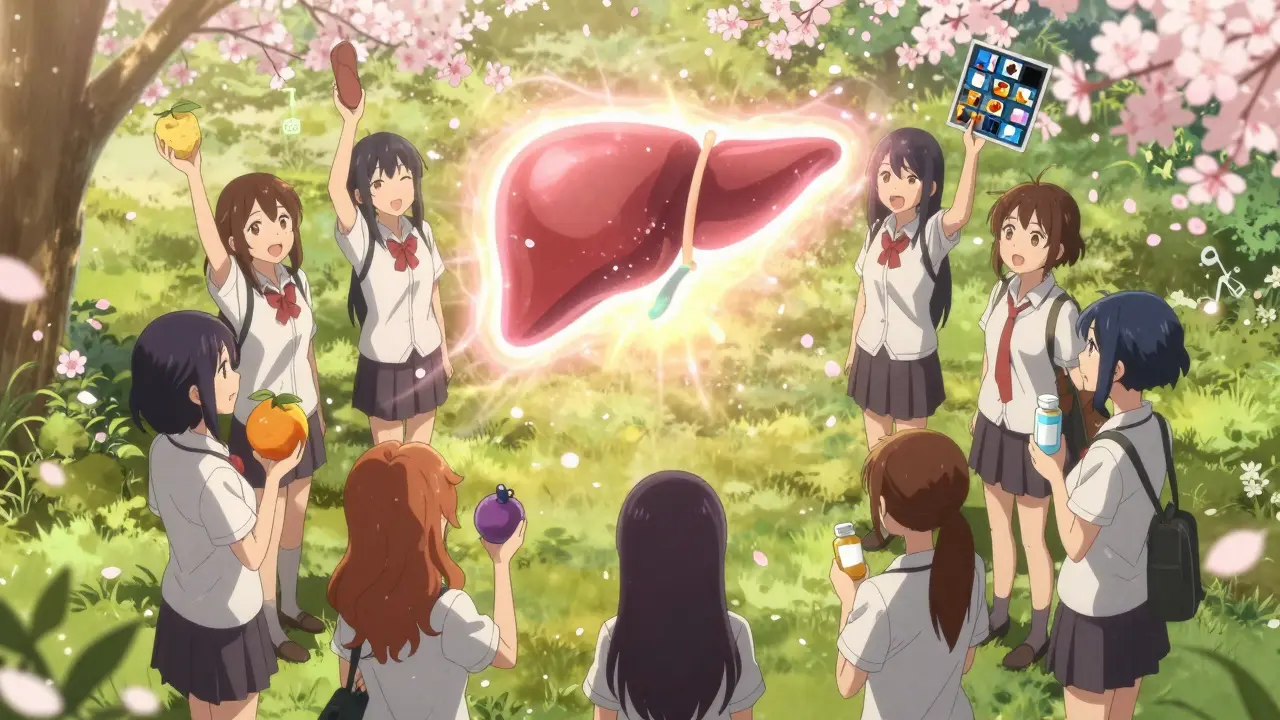 Group of women in a park forming a circle of light that becomes a healthy glowing liver.