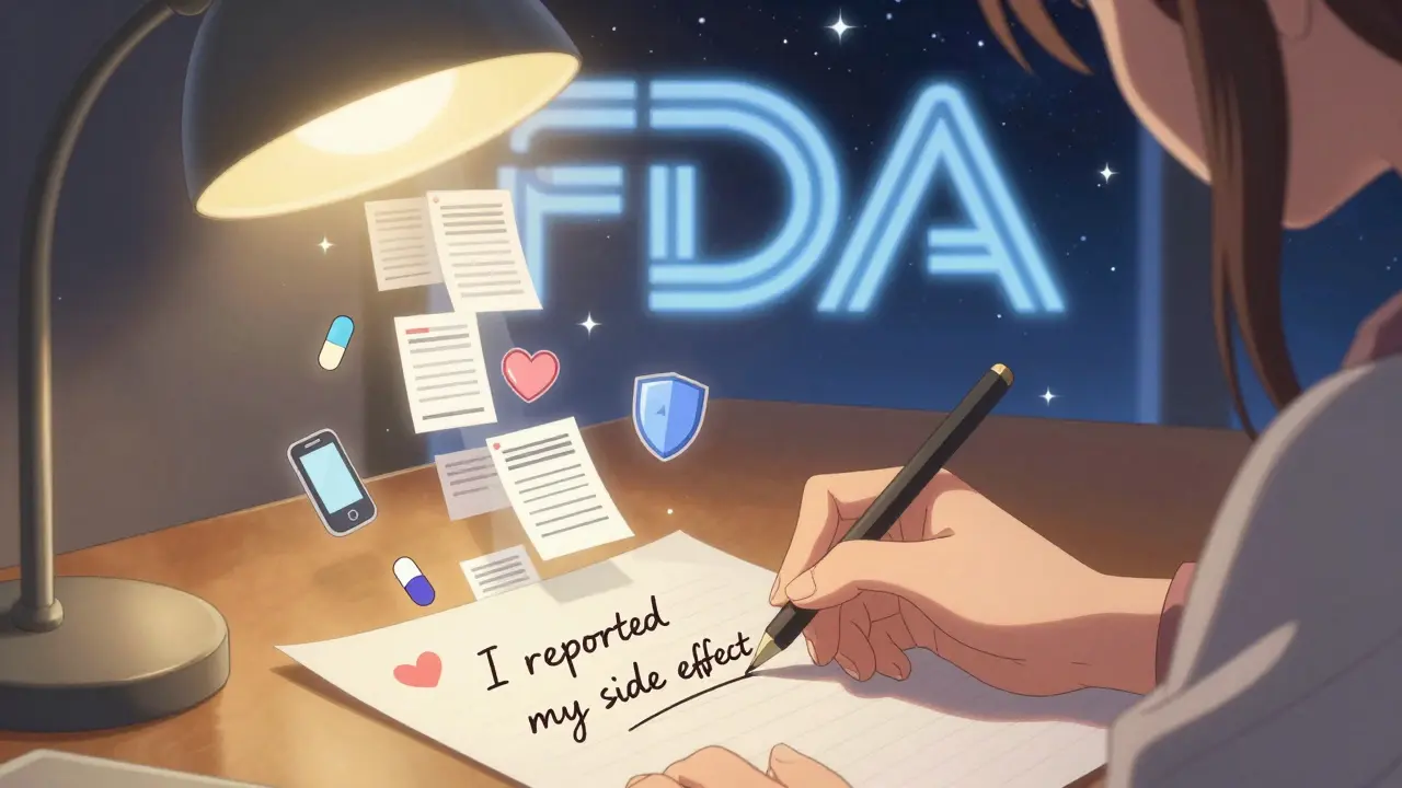 Hand writing a report letter with floating icons of pill, phone, heart, and shield, digital reports rising into a starry sky.