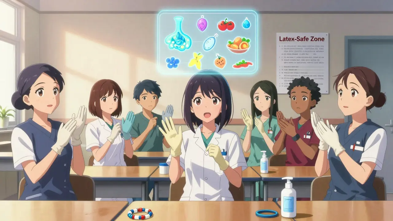 Healthcare workers training with non-latex gloves and diagram of latex-food allergen cross-reactions.