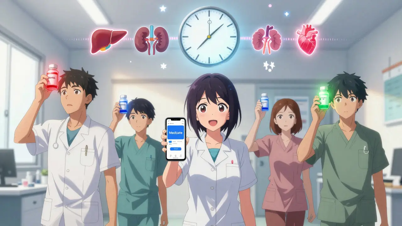 Patients hold pill bottles with glowing timelines above them, under a giant circadian clock in a sunlit clinic.