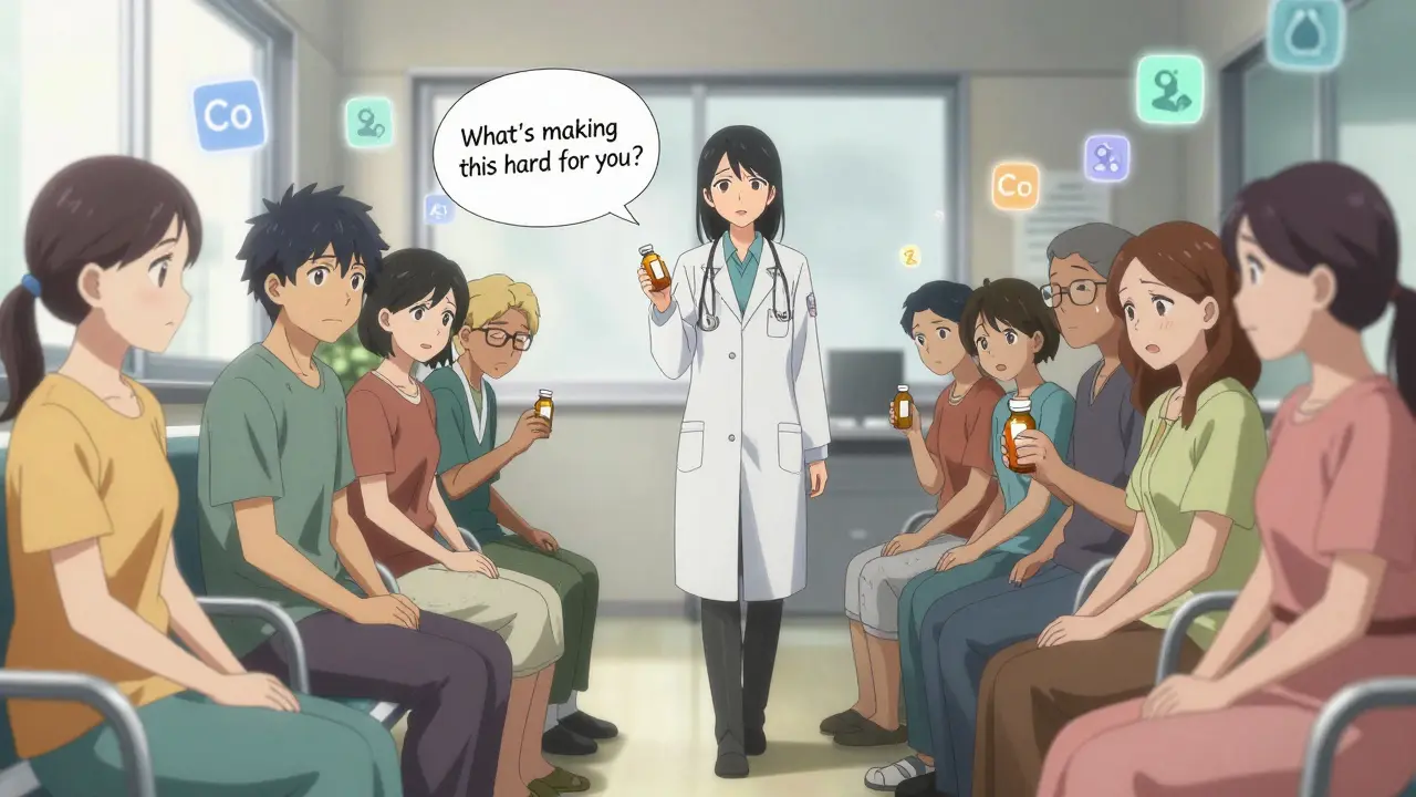 Patients in a clinic hold medication bottles as a doctor gently asks about their struggles, symbols of barriers fading into light.