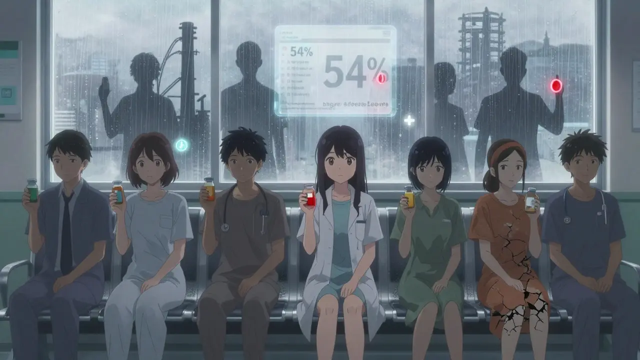 Patients in a hospital waiting room with shadowy factory silhouettes and a floating chart showing higher adverse events from foreign generics.