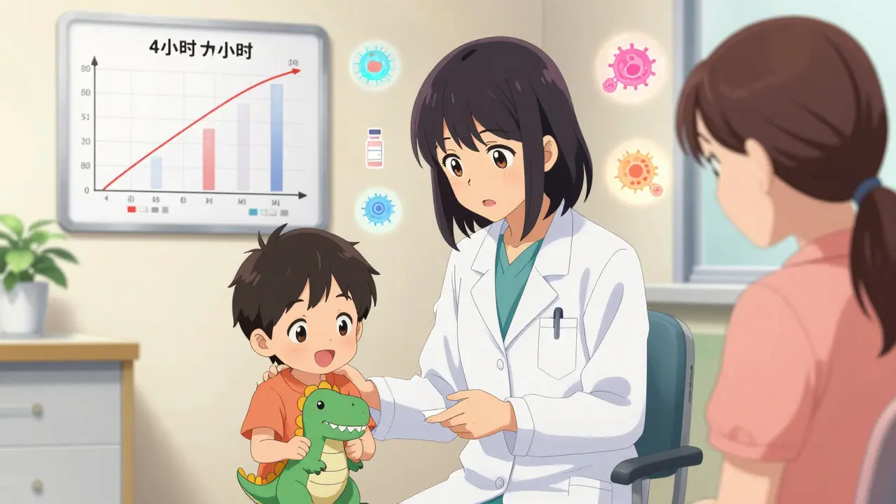 Pediatrician explains vaccine science to a parent, with glowing immune response charts and a smiling child nearby.