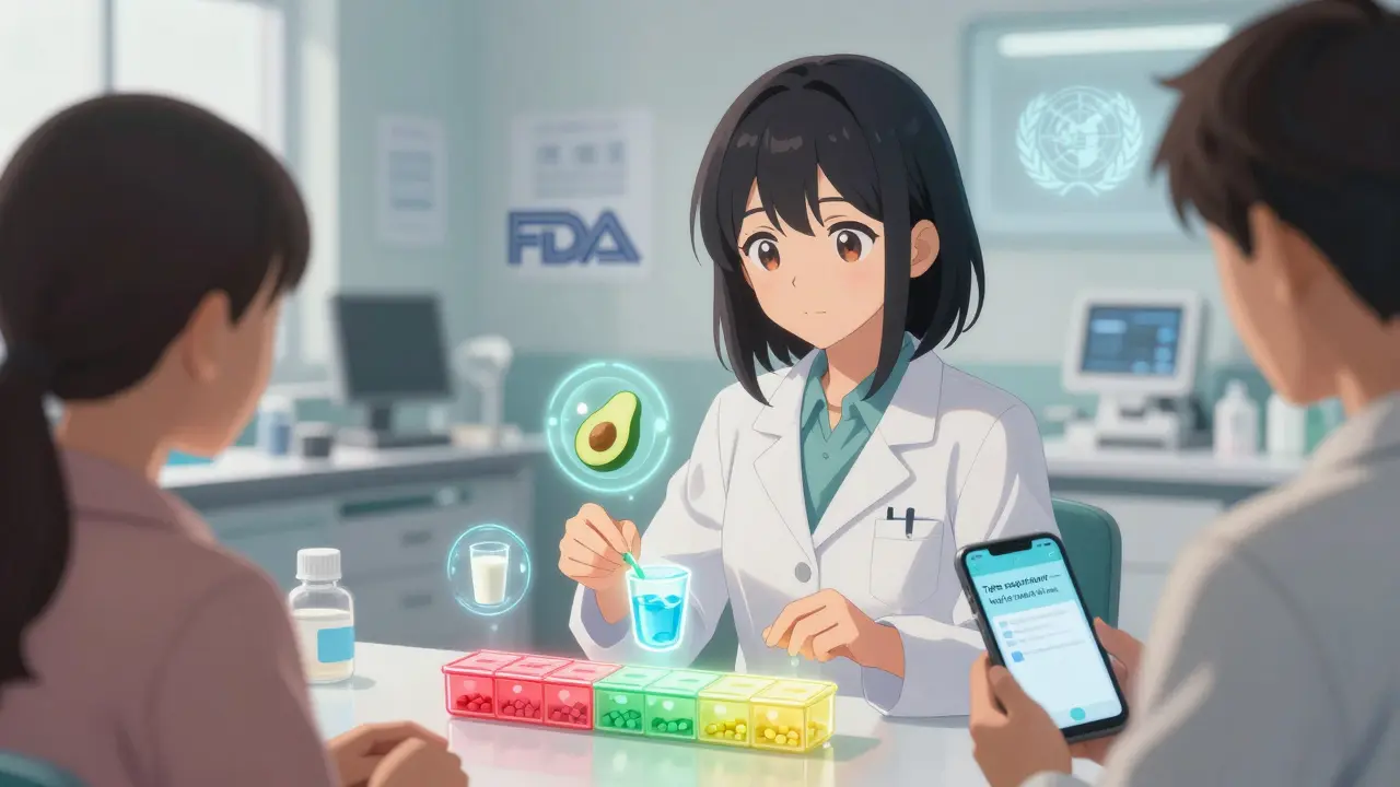 Pharmacist explaining color-coded pill organizer with holographic food icons to patients.