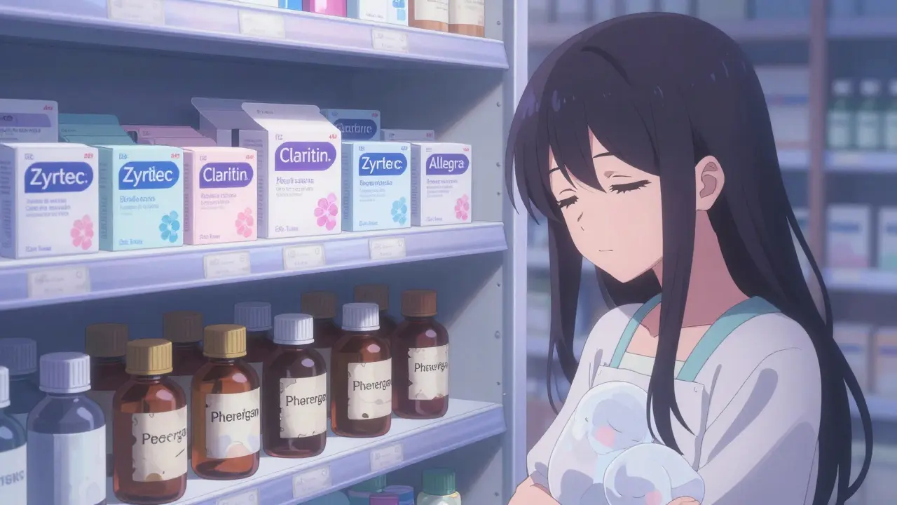 Pharmacy shelf with glowing second-gen antihistamines beside dim first-gen bottles at night.