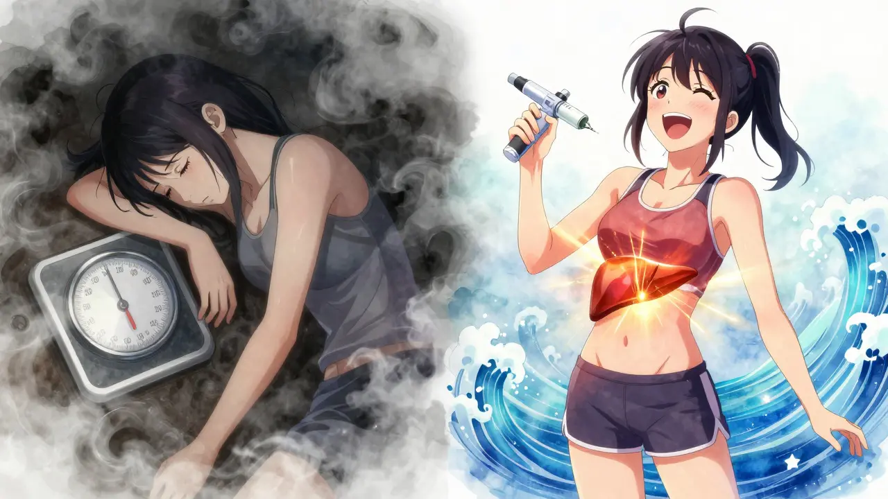 Split scene: a girl transitioning from fatigue to health, with golden light healing her liver.