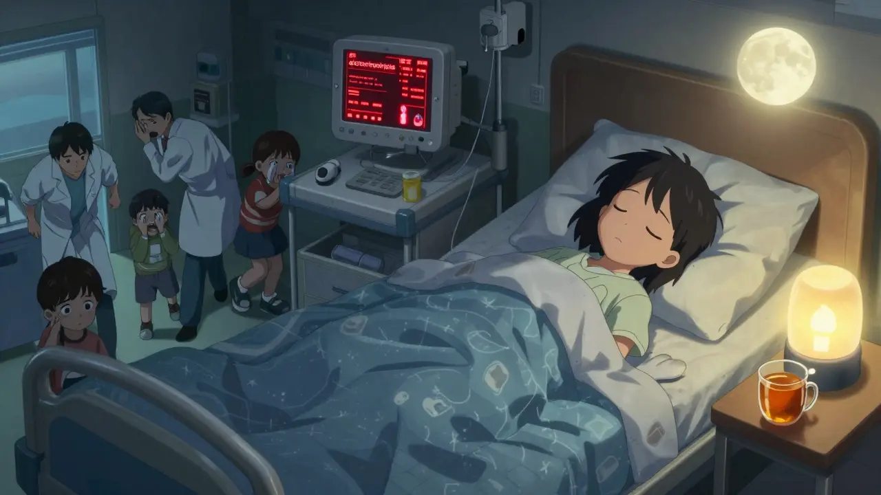 Split scene: chaotic ER on left, peaceful sleep on right — honey and humidifier vs. dangerous medicine overdose.