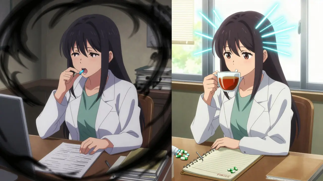 Split scene: drowsy teen with Benadryl vs. alert adult with Allegra in same room.