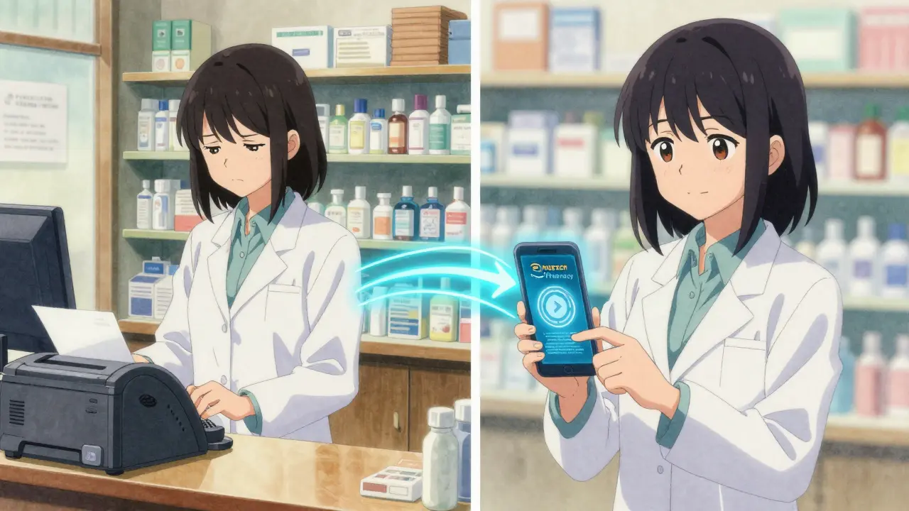 Split scene: fax machine vs. digital handshake, showing the shift from old to new prescription transfer methods.