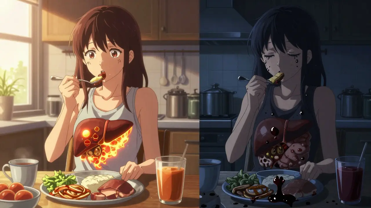 Split scene: woman eating healthy breakfast in sunlight vs. snacking at midnight with sluggish organs.