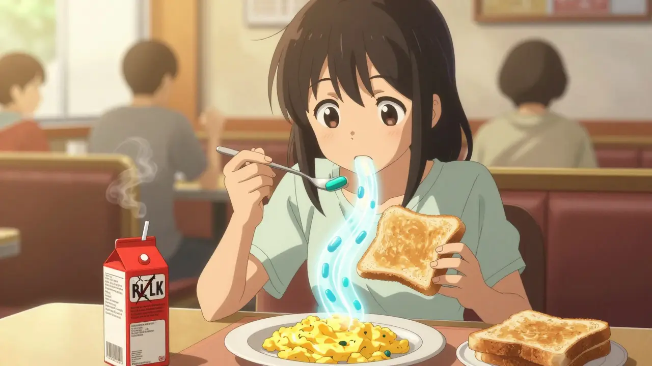 Teenager taking antibiotic with eggs and toast, glowing molecules showing proper absorption.