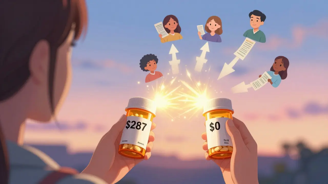 Two identical pill bottles show a dramatic price difference, with light bursting from the cheaper one and saving icons floating around.
