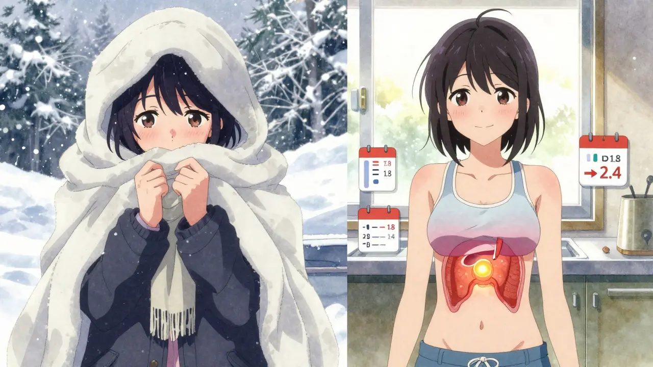 Woman experiencing seasonal changes in energy, shown in winter and summer with glowing thyroid visualization.