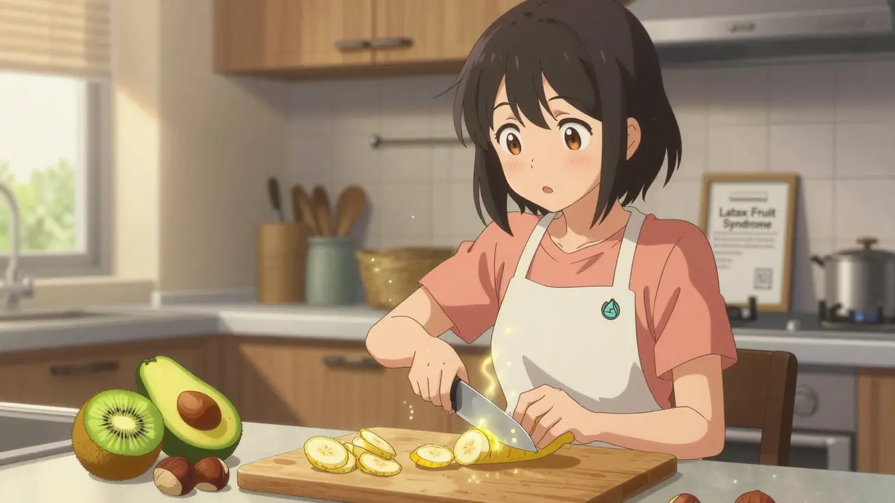 Woman hesitating while slicing banana, with cross-reactive foods and allergen particles glowing around her.