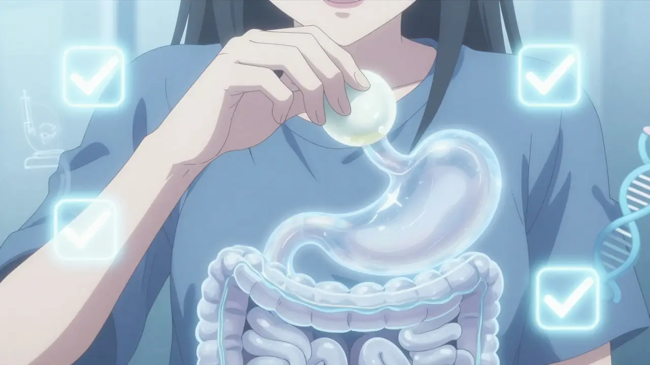 A hand holding gum with a transparent digestive tract showing its natural passage through the body.