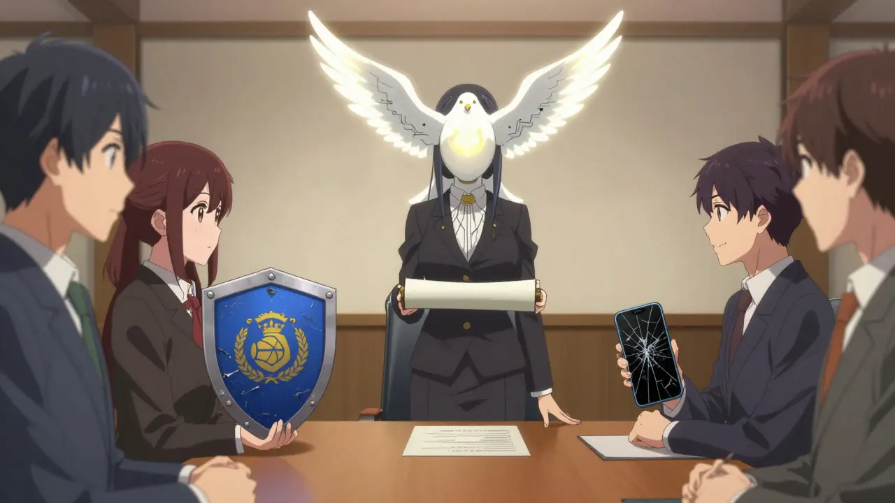 A mediator facilitates a patent settlement as a circuit-winged dove rises from a shared agreement.