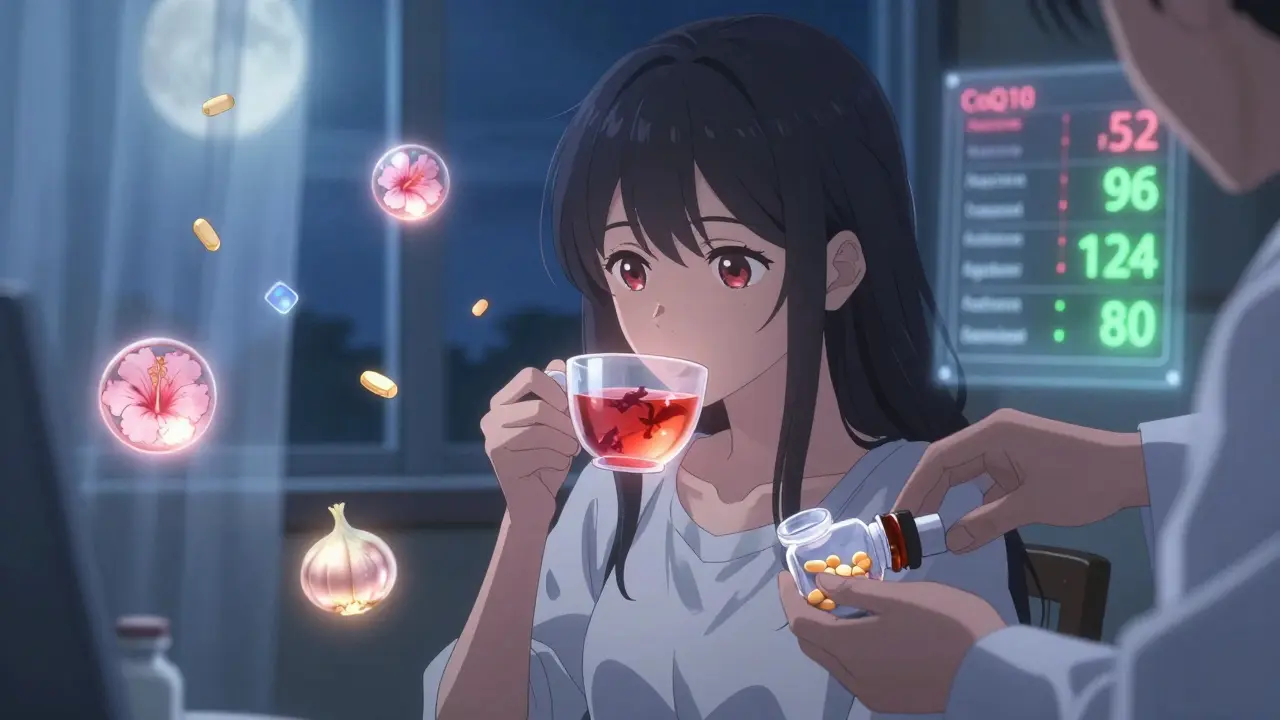 A woman drinking hibiscus tea at night with glowing supplements and a fading medical chart showing improved blood pressure.