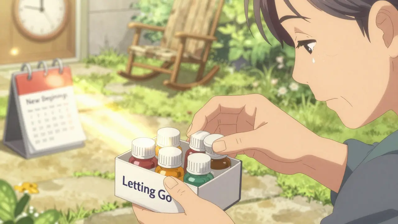 An older adult placing pills into a box as a glowing path leads to a peaceful garden.