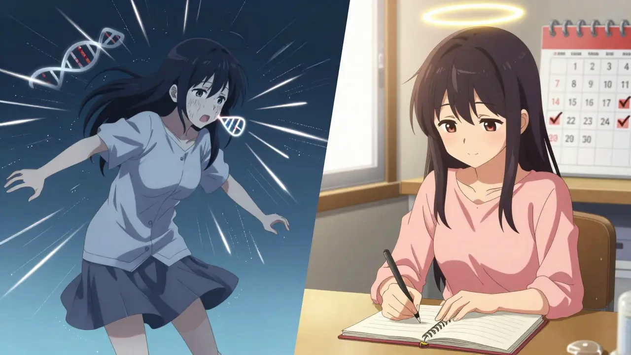 Before-and-after scene of a girl regaining steady hands, with a glowing gene marker above her head.