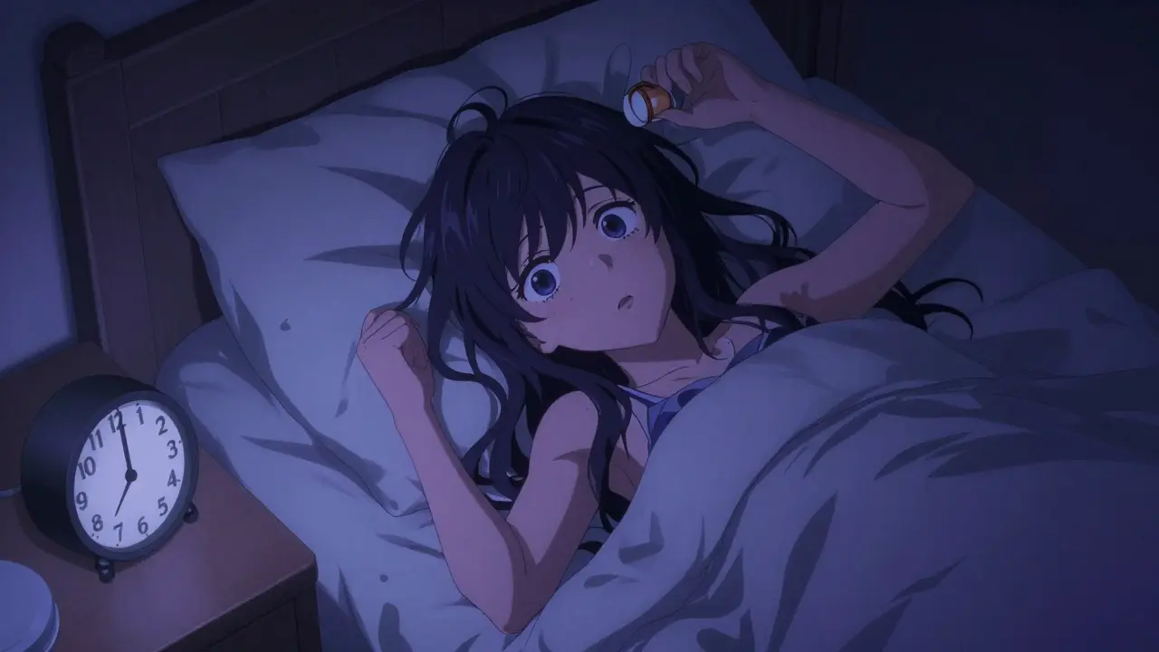 Bishoujo anime character struggling with insomnia, tossing in bed at night